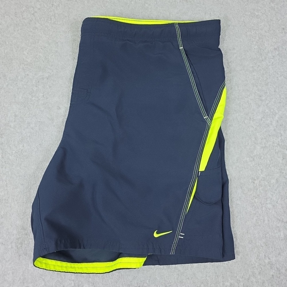 Nike Lined Swim Short Men's Size XXL Blue /‎ Neon Green Cargo Pocket Drawstring